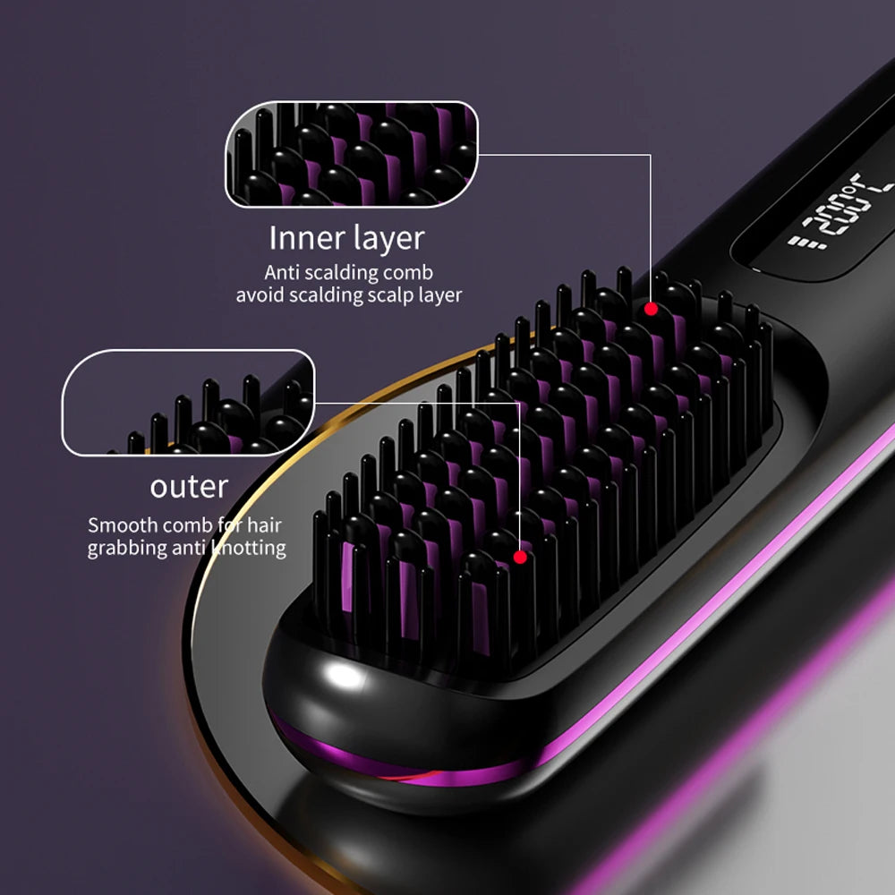 Cordless Hair Straightener Brush Rechargeable Wireless Hair Straightening Brush 3 Temperature Setting Fast Heating Mini Hot Comb